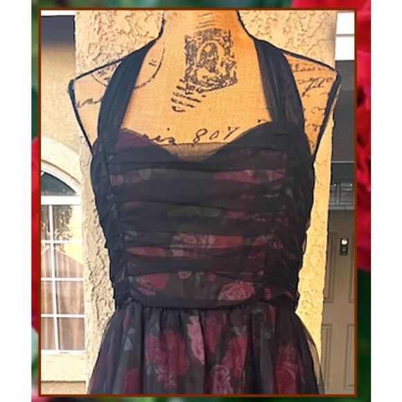 Lulus Striking Scene Black Floral Mesh Ruched Tie-Strap Midi Dress Size XL - Picture 3 of 11